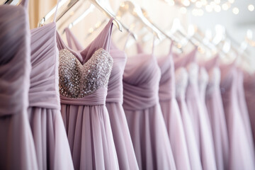 Collection of elegant pastel color formal dresses for sale in luxury modern shop boutique. Prom gown, wedding, evening, bridesmaid dresses dress details. Dress rental for various occasions and events