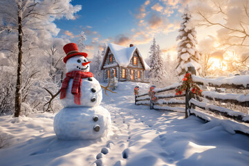 Obraz premium Smiling snowman in front of the house on winter day