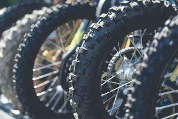 Motocross motorcycle wheels Components of an enduro motorcycle Tires for mud. Part of a dirt bike...