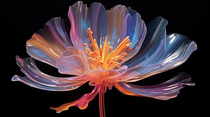  a multicolored flower on a black background with a reflection of the flower in the center of the flower and the petals in the center of the flower petals.  generative ai