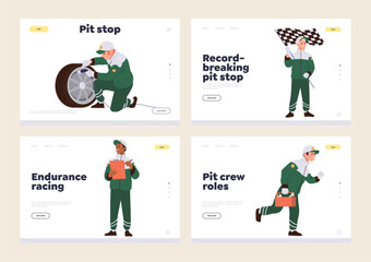 Pit stop crew professional service providing technical and mechanical work landing page isolated set