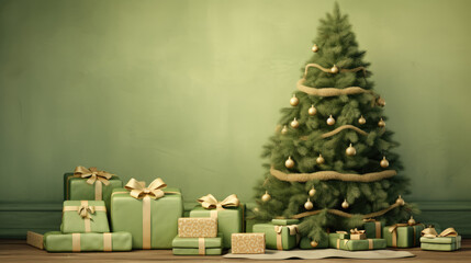  a christmas tree surrounded by presents in front of a green wall with the words merry christmas written on the side of the tree and a green background with gold ribbon.  generative ai