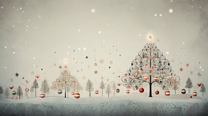  a painting of a christmas tree in the middle of a snowy landscape with red and white baubons hanging from the top of the tree, and snow falling from the branches.  generative ai - obrazy, fototapety, plakaty