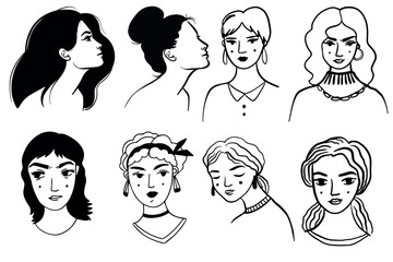 Cute woman portrait, female face doodle illustration in various themes. Hand drawn Vector collection. V22