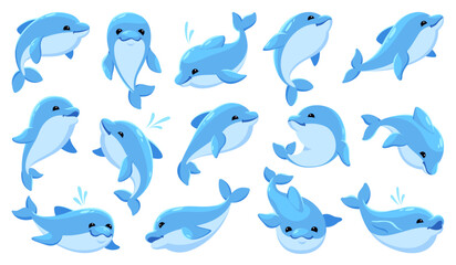 Cartoon dolphin characters. Cute funny marine animal, different swim poses and jumps, oceanarium inhabitants, show mascot. Aquatic mammal, dolphinarium performance, tidy vector isolated set