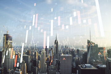 Abstract creative financial graph and world map on New York cityscape background, financial and trading concept. Multiexposure