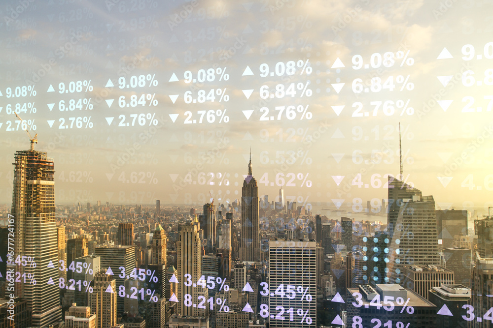 Poster double exposure of abstract virtual statistics data hologram on new york city skyscrapers background