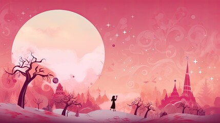  a painting of a person standing on a hill in front of a pink sky with stars and a full moon in the distance, with a pink sky and white background.  generative ai