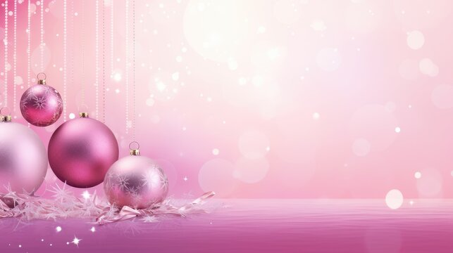  a pink christmas background with three ornaments hanging from it's sides and snow flakes on the bottom of the image and a pink background with white stars and snow flakes.  generative ai
