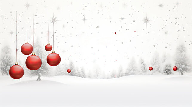  a christmas card with red balls hanging from a line of christmas trees in a snowy landscape with snow flakes and snow flakes falling from the top of the trees.  generative ai