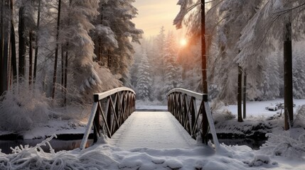  a bridge in the middle of a snowy forest with a sun shining through the trees on the other side of the bridge is snow covered ground and trees on the other side of the bridge.  generative ai