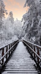  a bridge in the middle of a snowy forest with snow on the ground and trees on the other side of the bridge, with a pink sky in the background.  generative ai