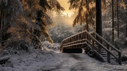  a bridge in the middle of a snowy forest with snow on the ground and trees on either side of the bridge and a path leading to the right of the bridge.  generative ai