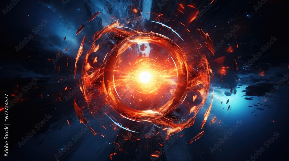 Poster a computer generated image of a ball of fire in the center of a blue and black background with a red