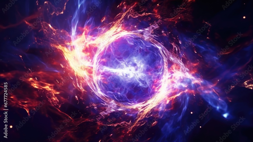 Poster an image of a blue and red object in the middle of a black and white background with a red and blue 
