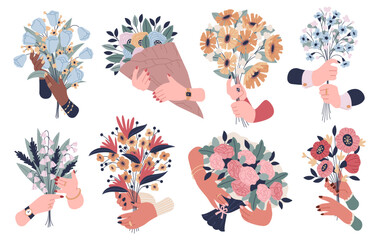 Hands holding flowers. Blooming bunches compositions, female arms, lovely romantic holiday gift, roses, botanical decorative gerberas and bluebells, tidy vector cartoon flat illustration set - obrazy, fototapety, plakaty