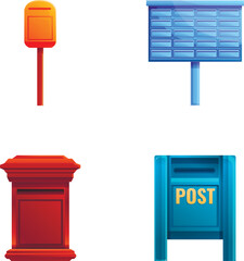 Correspondence service icons set cartoon vector. Letterbox, postbox, mailbox. Letter delivery