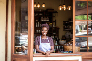 African Shop Owner's Smiles of Achievement. Her hard work pays off as she proudly opens her store.