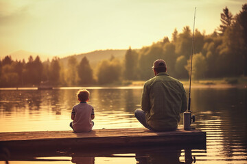 Father and child fishing by a serene lake, capturing a bonding moment, creativity with copy space