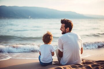 Father and child enjoying a beach day, capturing the relaxed and carefree moments, creativity with...