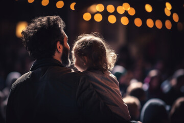 Creative photo of a father and child attending a live performance or cultural event, showcasing shared appreciation for the arts, creativity with copy space