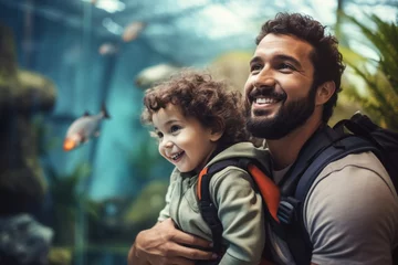 Rolgordijnen Father and child enjoying a day at the zoo or aquarium, capturing the excitement of exploring wildlife, creativity with copy space © Лариса Лазебная