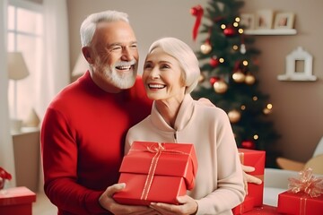 Obraz na płótnie Canvas Portrait of old senior Caucasian couple holding wrapped gift presents wear red warm sweaters on christmas eve