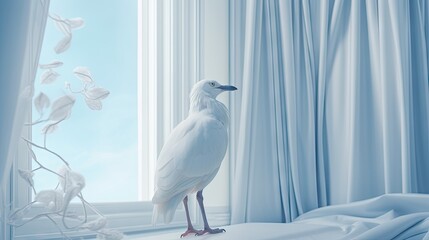  a white bird sitting on top of a window sill next to a window covered in white curtains and a blue curtained area with white flowers in the background.  generative ai
