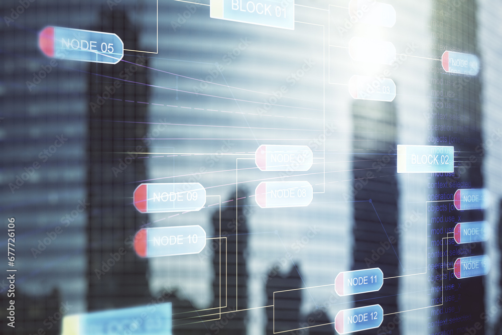 Poster double exposure of abstract programming language interface on modern skyscrapers background, researc