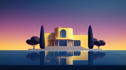  a yellow building sitting on top of a body of water with trees in the foreground and a purple sky in the background with a reflection of the building on the water.  generative ai
