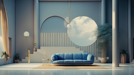  a living room with a blue couch and a round mirror on the wall and a potted plant in the corner of the room on the other side of the room.  generative ai - obrazy, fototapety, plakaty
