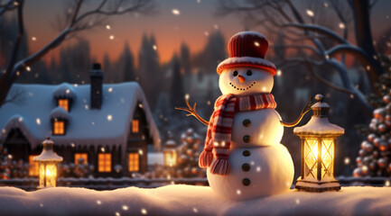 snowman in the snow, very good resolution, a snowman on whom a light shines
