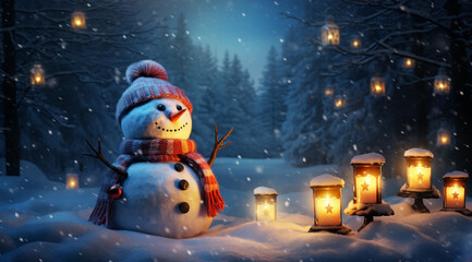 snowman in the snow, a snowman on whom a light shines