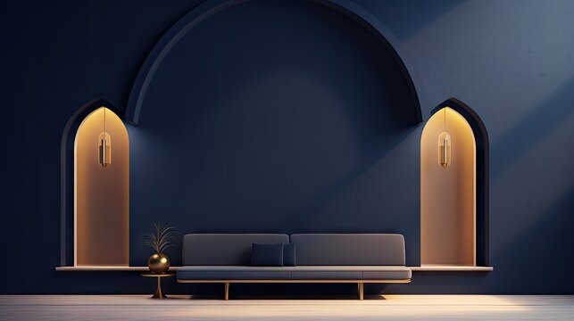  A Living Room With A Couch And Two Lamps On Either Side Of The Couch And A Table With A Potted Plant In Front Of It On A Dark Blue Wall.  Generative Ai