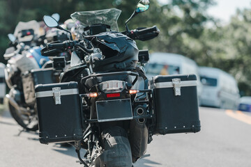 motorcycle in a sunny motorbike on the road riding.with sunset light. copyspace for your individual...