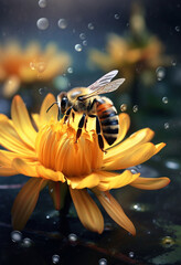 Naklejka premium bee sitting next to yellow flower and drop AI Generated Image