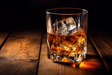 whiskey with ice on a wooden table.