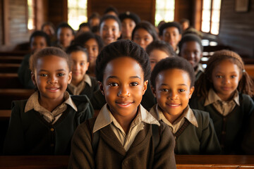 A heartwarming scene unfolds as a group of enthusiastic African kids engage in a classroom setting.