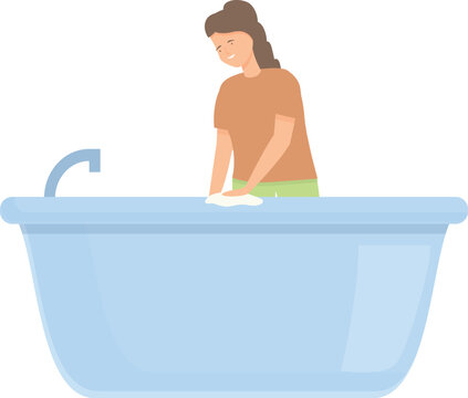 Woman cleaning bathtub icon cartoon vector. Bathroom disinfecting cleaner. Bathtub anti chalk spray.