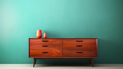  a dresser with two vases on top of it in a room with a teal wall and a wooden dresser with two vases sitting on top of it.  generative ai