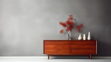  three vases sitting on top of a wooden dresser next to a vase with red flowers on top of a wooden dresser next to a gray wall with a white floor.  generative ai
