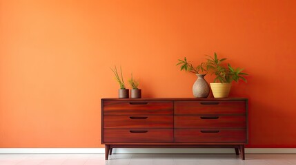  two potted plants sit on top of a dresser in a room with an orange wall and white tile floor and a wooden dresser with two vases on top.  generative ai