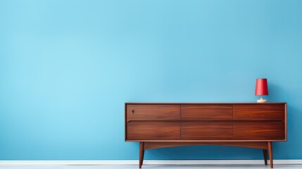  a wooden dresser against a blue wall with a red lamp on top of it and a red lamp on top of the dresser in front of the chest of the dresser.  generative ai