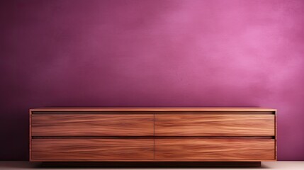  a wooden dresser sitting in front of a purple wall in a room with a purple wall and a purple chair in front of a purple wall with a purple chair.  generative ai