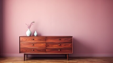  a wooden dresser with two vases on top of it on a hard wood floor in a room with pink walls and a wooden parqueted parquet floor.  generative ai