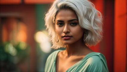 Fototapeta premium Ritratto di una giovane ragazza asiatica, indiana con capelli bianchi su uno sfondo futuristico verde e arancione di notte