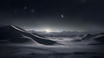 An otherworldly desert landscape with sand dunes, camels, and a starry night, captured with an infrared lens, using ethereal and dreamy film to create a mystical and surreal mood