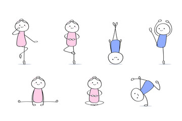Naklejka premium Vector hand drawn dancing stickman collection girl and boy 