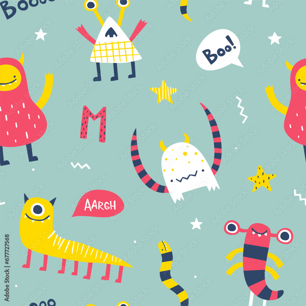 Wall mural cute pattern with funny monsters for babies. abstract vector print with naive monsters for kids text