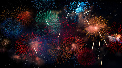 Colorful fireworks abstract poster web page PPT background on black background, digital technology background